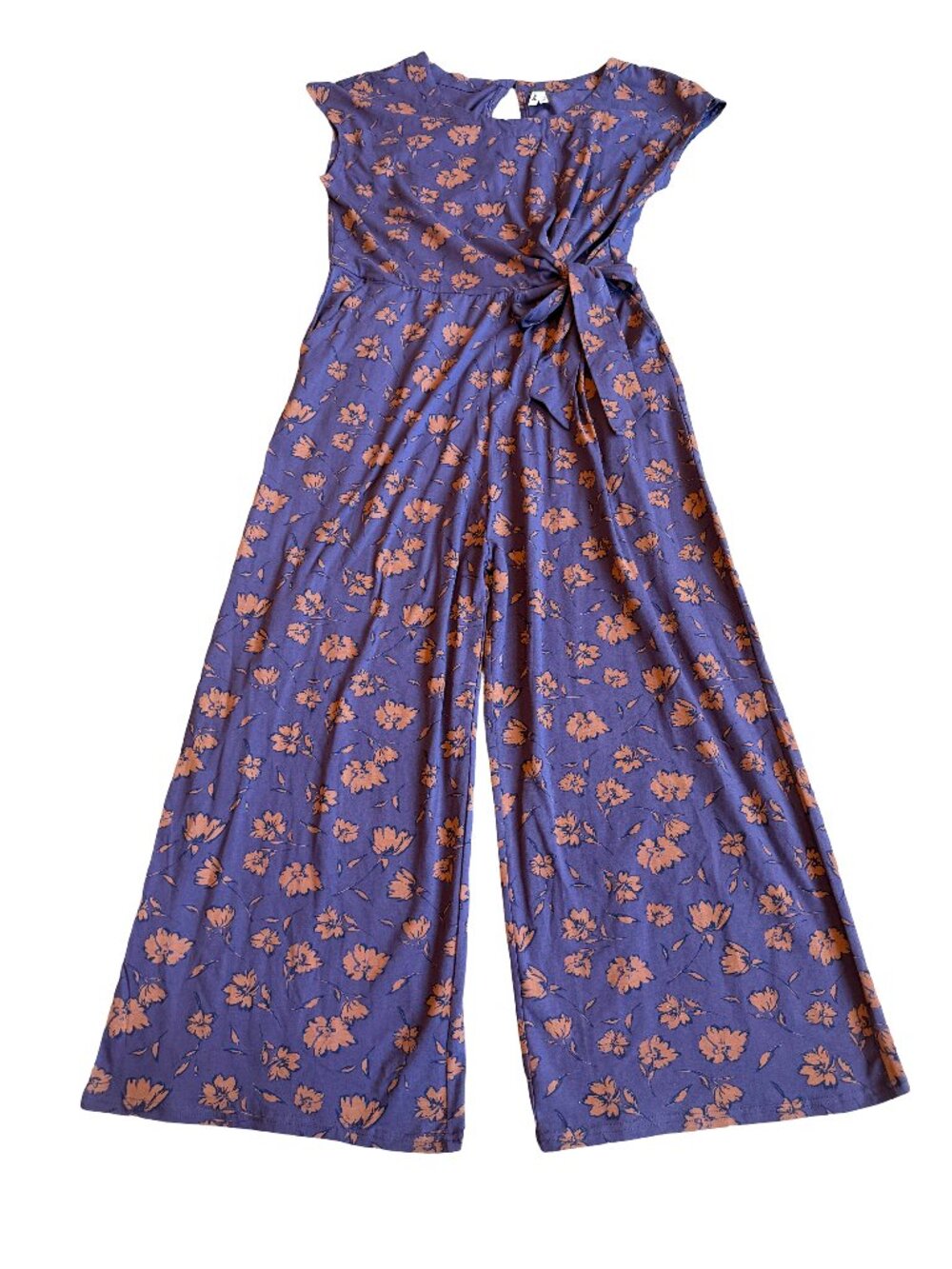 Pact Organic Cotton Stretch Jumpsuit Purple Floral Short Sleeve Flowy Size XL